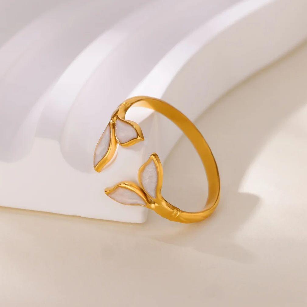 Edelstahl Grüne Blatt Wellenringe 18K Vergoldet Anti-Fading Offener Ring für Damen Hochzeits Schmuck Urlaubs Accessoires Geschenk