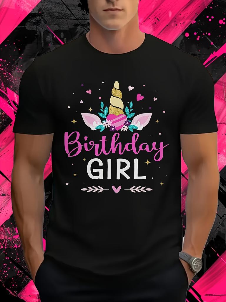 Women's & Girls' Birthday Girl Unicorn & Balloons T-Shirt - Glittery Pink & Pastel Retro Round Neck Short Sleeve Tee, Soft Machine Washable Suitable F