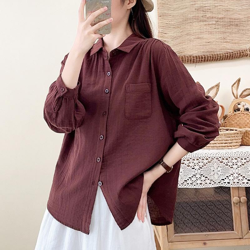 Spring and Autumn New Cotton Double-layer Cotton Yarn Long Sleeve Shirt Women's Versatile Skinny Simple Literary Japanese Retro Style Shirt