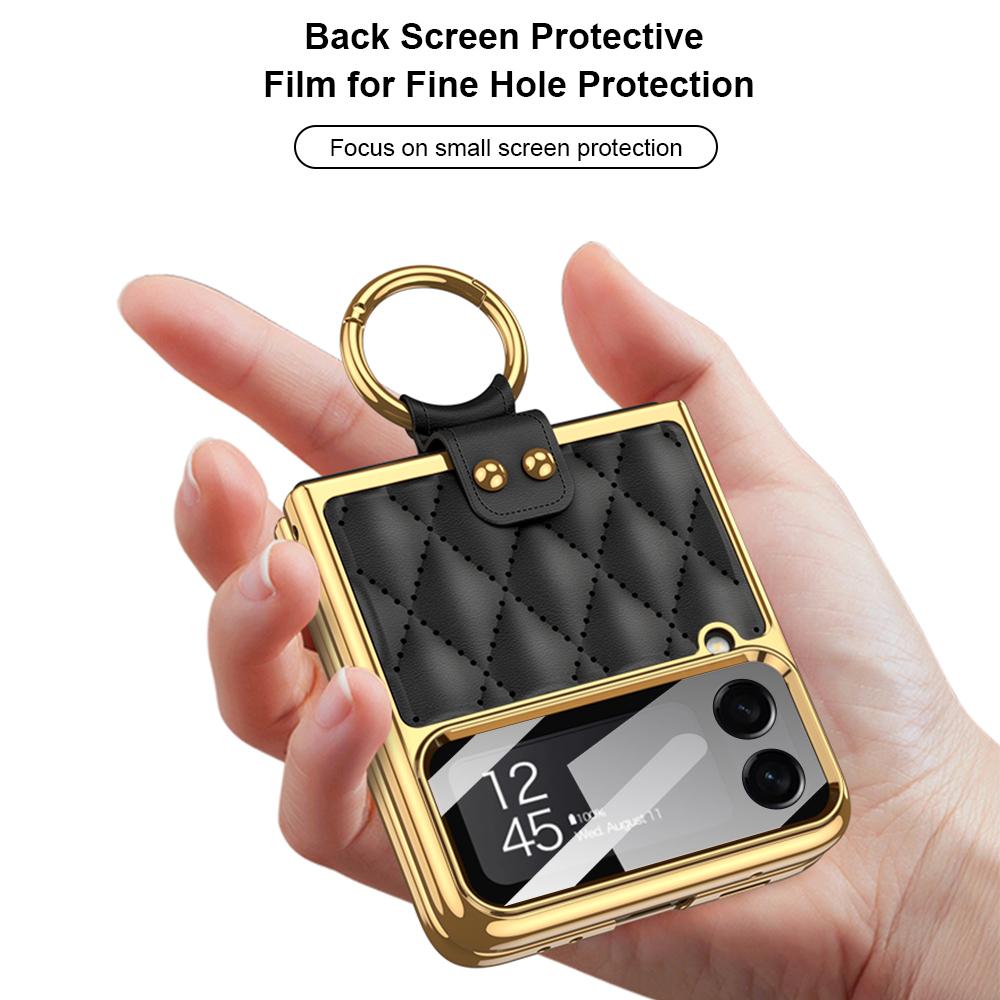 Luxury Plating Leather Case For Samsung Galaxy Z Flip 4 5g Shockproof Hard Cover Stand For Samsung Z Flip4 Case With Ring Holder
