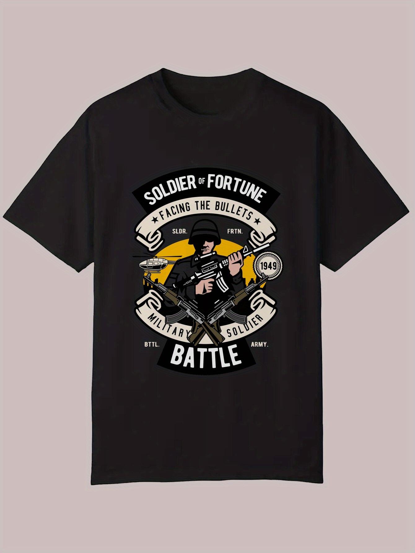 

Patriotic Military Graphic T-shirt - Black Casual Short Sleeve Round Neck Summer Tee with Soldier Fortune Design XXXL