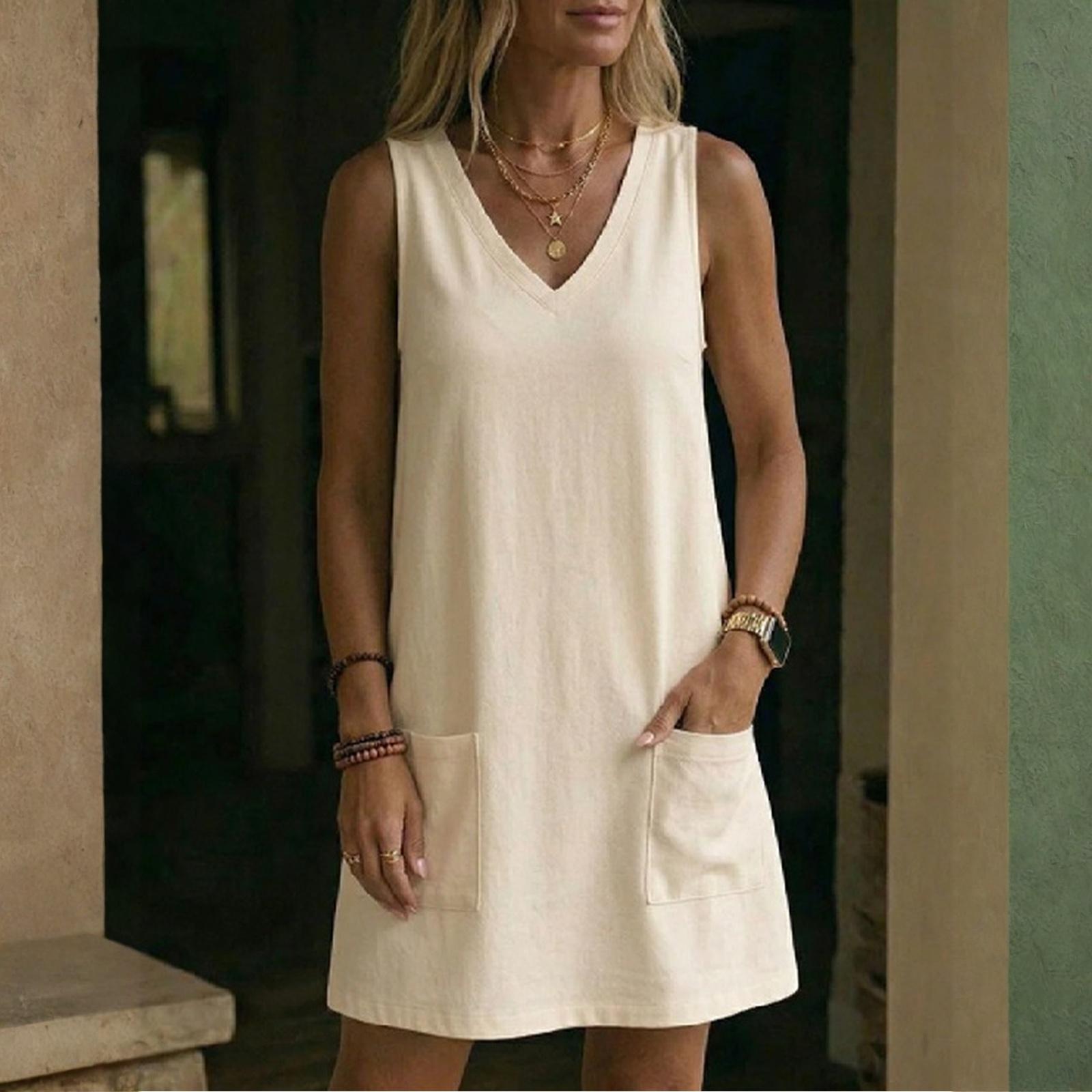 Fashionable Women s V-Neck Sleeveless Pocket Linen Dress L