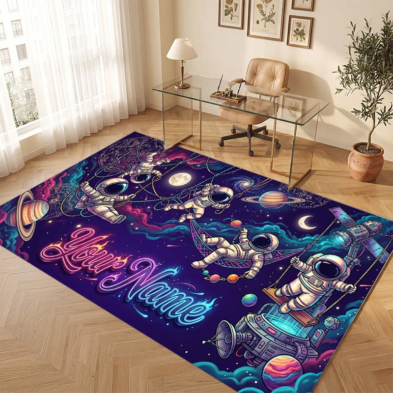 Astronaut Space Theme Soft Crystal Velvet Rug Custom Name & Text Print Non Slip Floor Rug for Bedroom Living Room