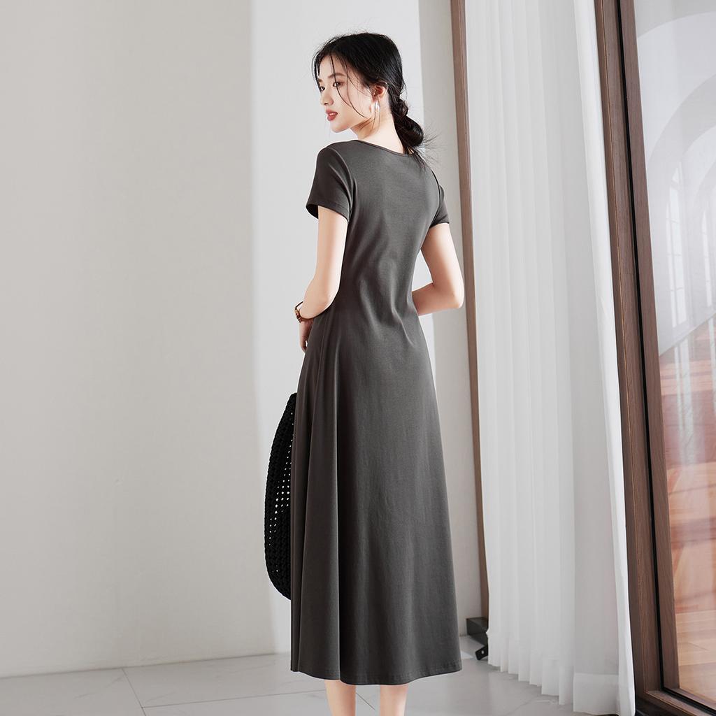 Waist slimming round neck short sleeved t-shirt dress for 2026 summer thin, fashionable and versatile casual mid to long length dress