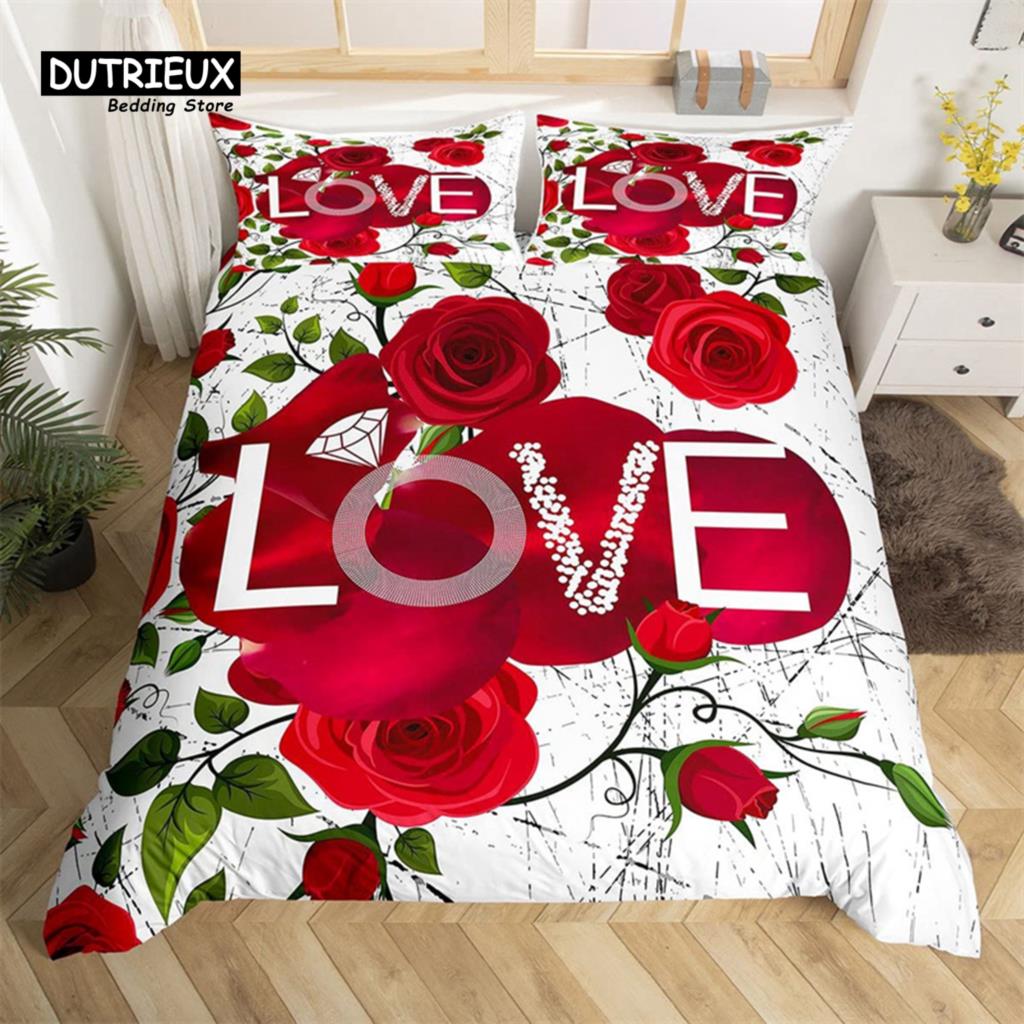 Red Rose Duvet Cover Twin King Romantic Theme Floral Bedding Set Microfiber Love Heart Flowers Quilt Cover For Girl Teen Wedding