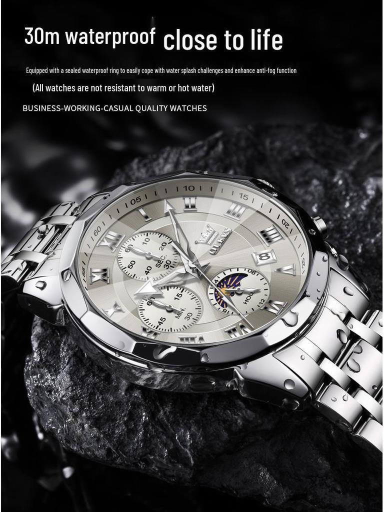 Oulishi Herren Multifunktions-Chronograph mit massivem Stahlarmband und Faltschließe