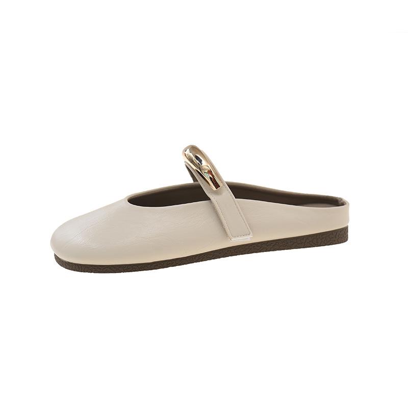 French bag head half drag single shoes women's 2025 spring and summer new metal buckle flat bottom one pedal lazy Mary Jane sandals