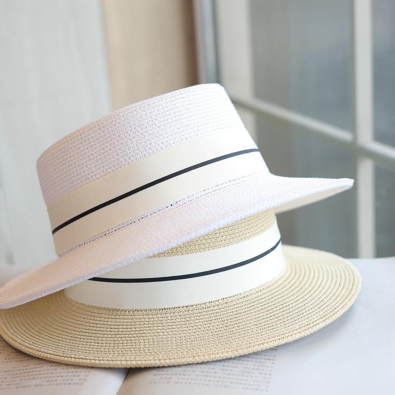 M Standard Flat Top French Retro Straw Top Hat Spring and Summer Fashion Seaside Vacation Leisure Sun Hat Women