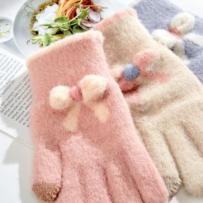 Knitted Touch Screen Gloves for Women To Keep Warm in Winter Thickened and Fleece Five Finger Outdoor Cycling Two Finger Korean Style Gloves