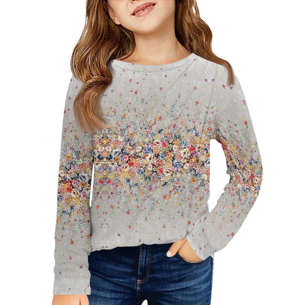 Girls' Long Sleeve Tee - Pleated Round Neck Casual Top