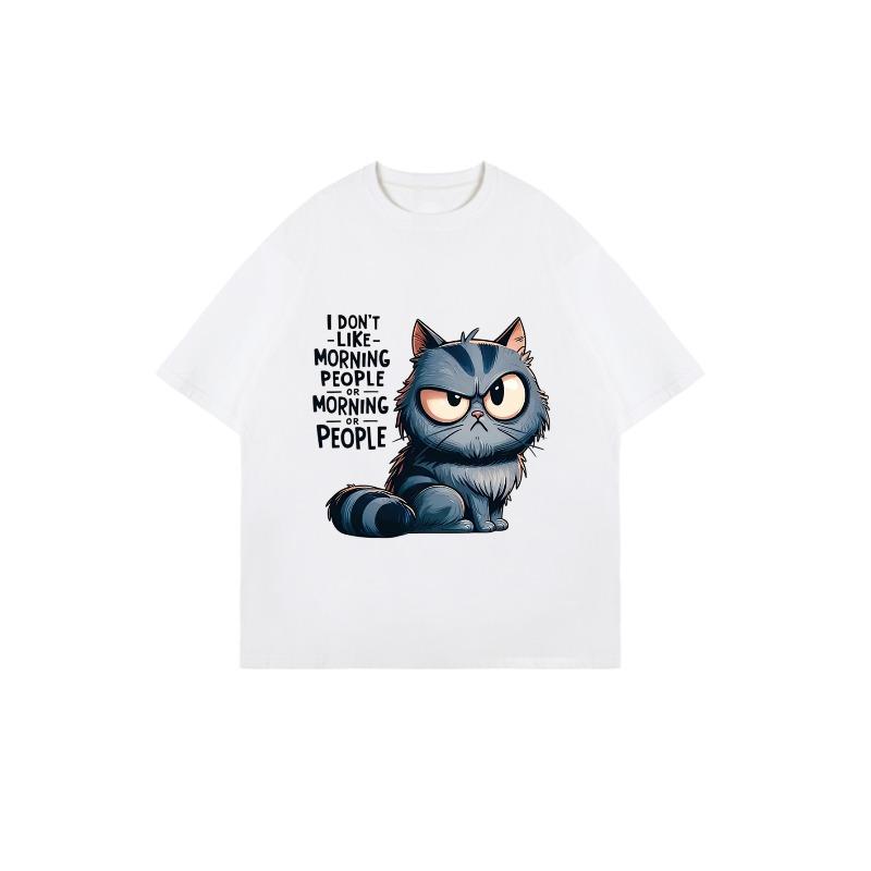 Cute Cat Graphic Oversized T-Shirt Black I Don't Like Morning People Or Morning Or People Print Unisex Casual Wear For Home And Everyday Use