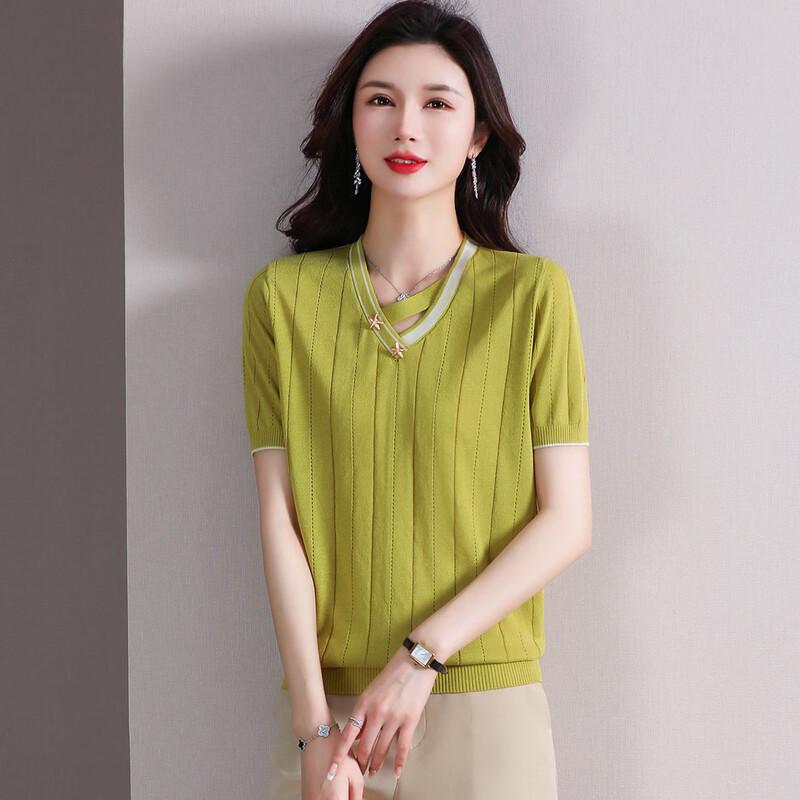 Elegant Ice Silk Knit V-Neck Short-Sleeve T-Shirt for Women