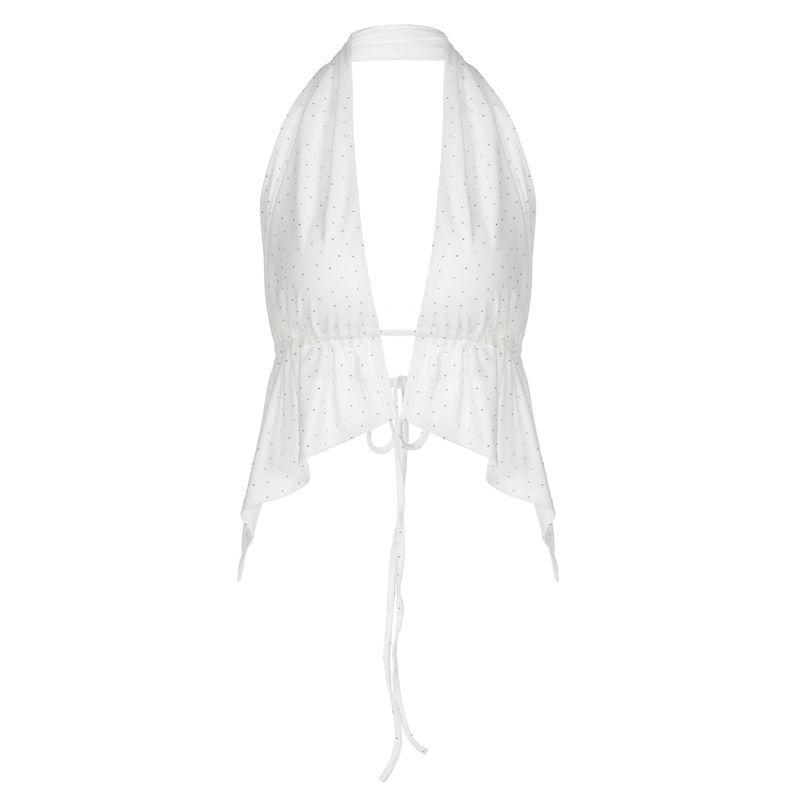 

Special Rhinestone Fabric Vacation Style Halter Spaghetti Straps Vest + Ribbon Dress Two-piece Set Sexy Fashion Suit Summer Creamy-white Tops S