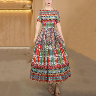 Women's Colorful Ethnic Print Short Sleeve Maxi Elastic Waist Loose Casual Long Dress