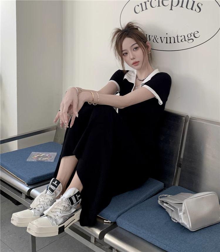 2026 Summer Polo Collar Knit Dress - Women's Slimming A-line Short Sleeve Long Dress