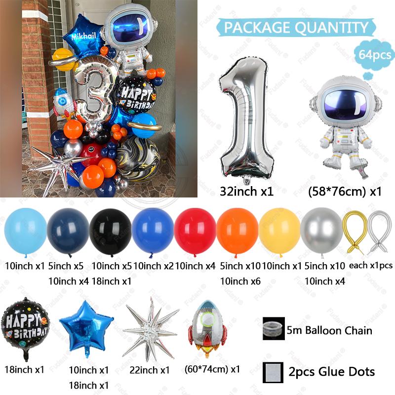 64pcs Astronaut Rocket Balloon Silver Number Birthday Balloon Set Space Theme Party Decoration Children's Party Supplies