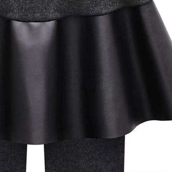 Damen Leggings Rock Elastischer Hoher Bund Verdicktes Plüschfutter Enganliegend Kunstleder Culottes Fake Zweiteiler Warm Vielseitige Culottes