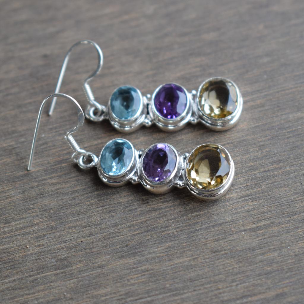 Blue Topaz Amethyst Citrine Earrings, 925 Sterling Silver, Gemstone Dangle Earrings