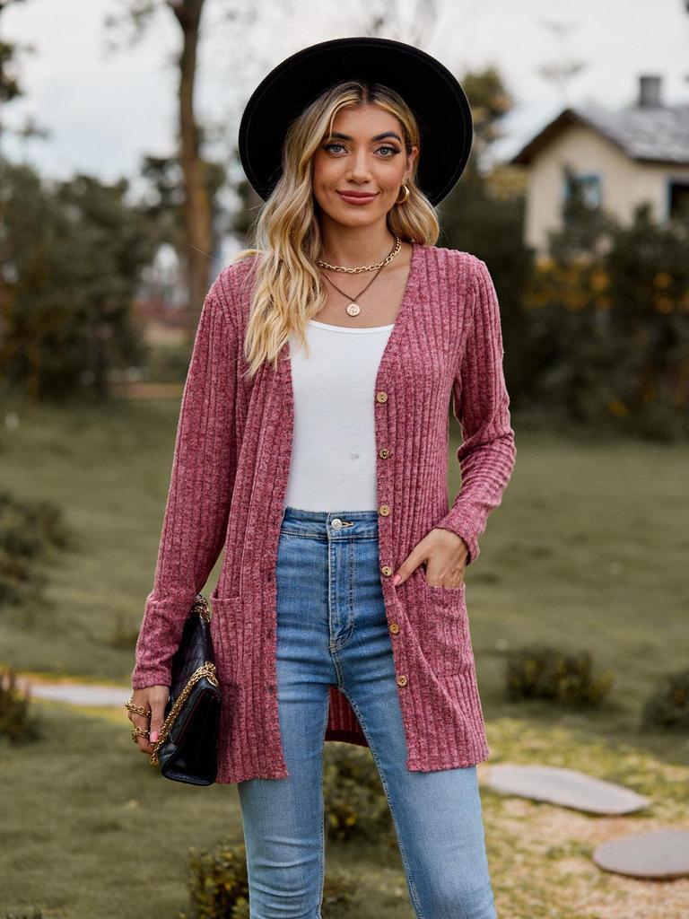 2023 Autumn Women's Brushed Ribbed Long Sleeve Cardigan Coat
