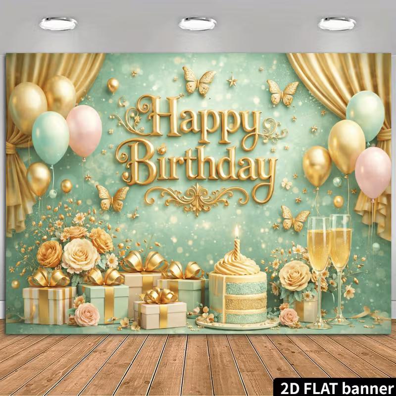 2D Floral Champagne Happy Birthday Backdrop Banner for Luxurious Party Supplies