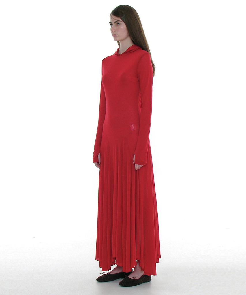 Partimento Woman Sheer Layered Hoodie Flare Dress_Red