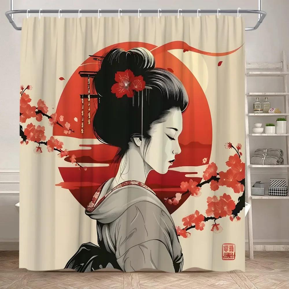 

Asian Woman Shower Curtain Japanese Kimono Cherry Blossom Landscape Ink Painting Art Polyester Fabric Bathroom Decor Curtain Set 90x180cm35x71in