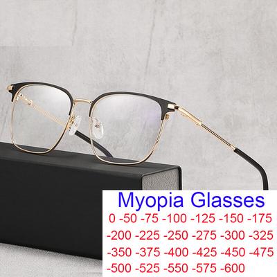 Anti Blue Light Men's Metal Glasses TR90 Business Eyeglasses Square Shortsighted Eyewear Prescription Glasses Minusbril-4.5-1.75