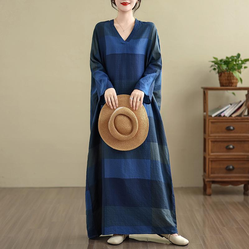 DIMANAF 2025 Women Plus Size Spring Long Dress Loose V-Neck Printing Vintage Casual Floral Oversize Long Sleeve 5030