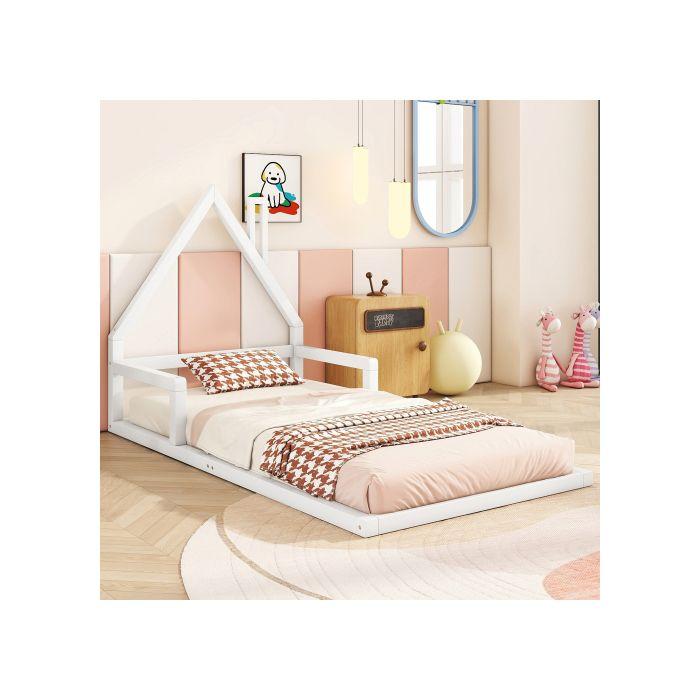 Lit D'enfant - MUVOE - 90x200cm - Pin Massif - Forme Maison - Blanc