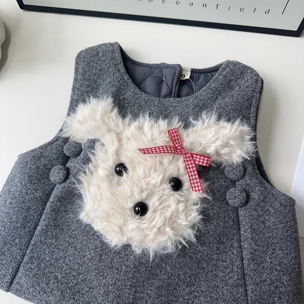 Girls' Autumn/Winter Trendy Dog Print Padded Vest & Skirt Two-Piece Set