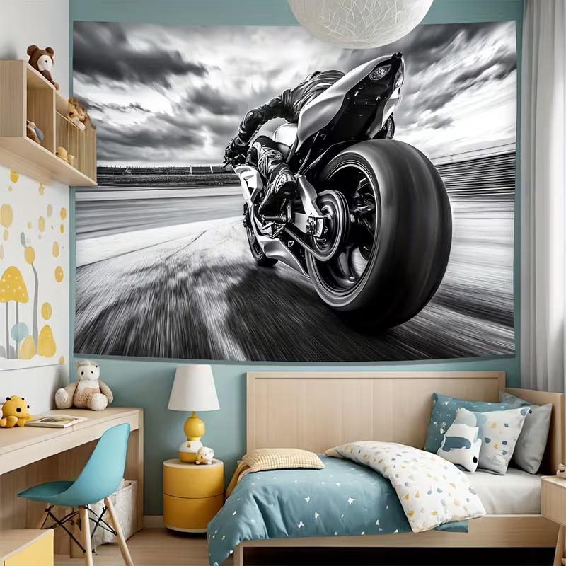 Speed Sport Bike Tapestry Monochrome Motorcycle Wall Art Decor for Living Room