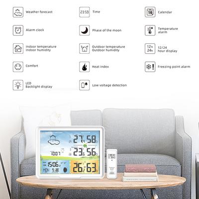 7" Colorful LCD Wireless Weather Station Home Temperature Humidity Meter Moon Phase Barometer Dual Alarm Clock Forecast Sensor
