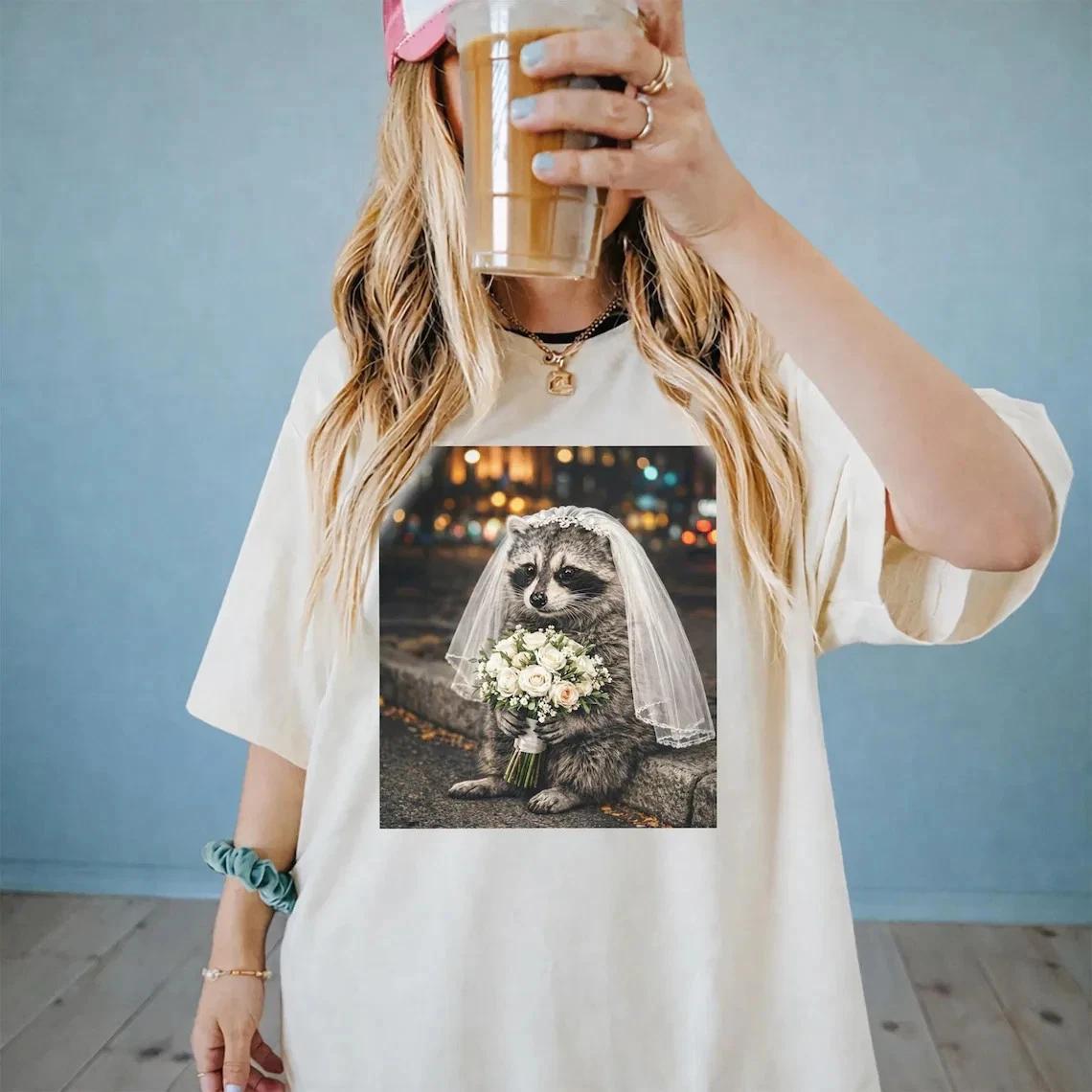 Raccoon Bride Graphic Tee Sarcastic Wedding Humor Funny Animal Gift T-shirt S