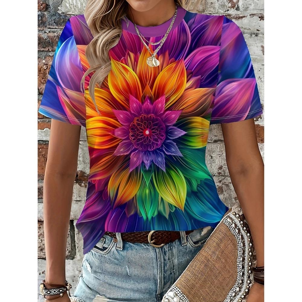 Damen Schöne T-Shirts mit Blumendruck Kurzarm T-Shirts Oberteile 3D-Drucke O-Ausschnitt Shirt Sommer Freizeit Damenbekleidung
