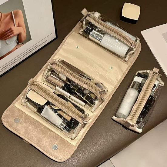 Roll-up Makeup Bag Travel Cosmetic Bag with 4 Detachable Clear Organizer for Women Pouches Folding Toiletry