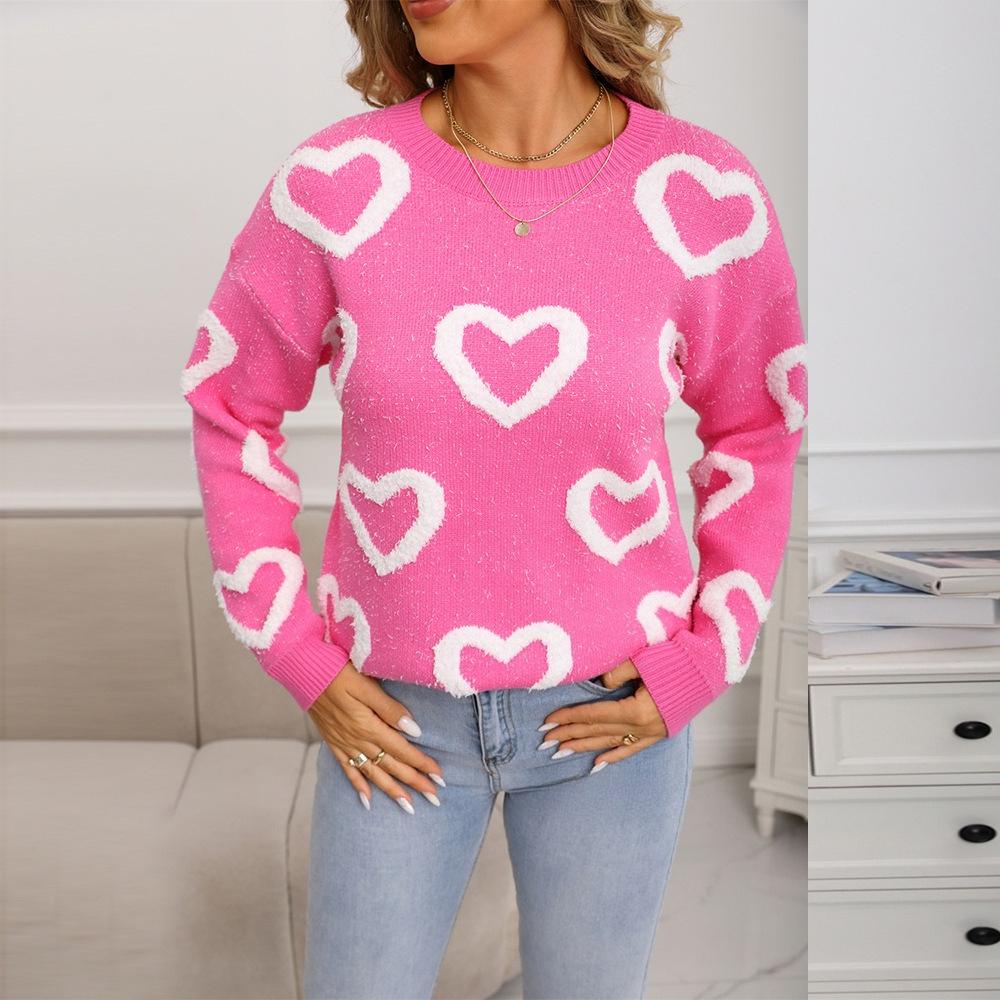 

Вільний та невимушений жіночий светр-пуловер з круглим вирізом, контрастними кольорами у формі серця, светр-пуловер на День святого Валентина, в язаний XL рожевий червоний колір