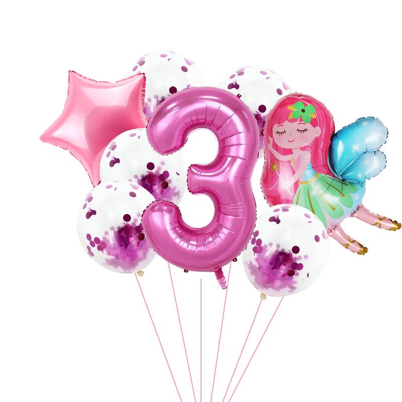 8pcs Girl Birthday Balloons Set Fairy Foil Balloons Number Helium Balloon 1 2 3 4 5 6 7 8 9 Years Old Kids Birthday Party Gifts