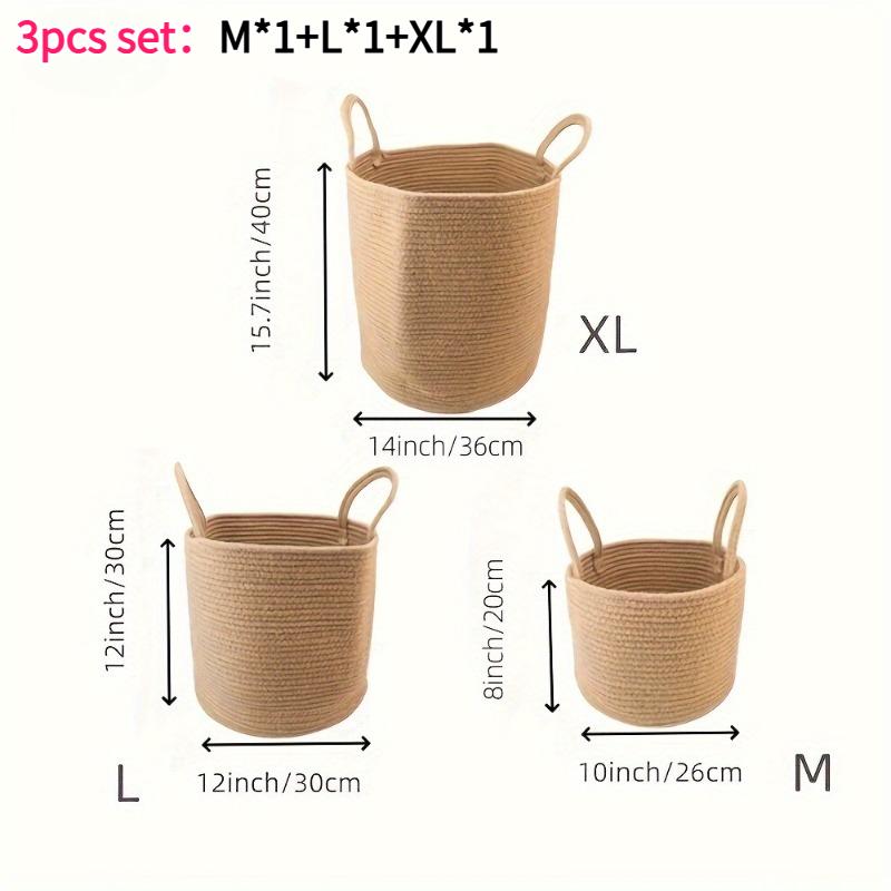 

3pcs Rectangle Jute Laundry Basket Boho Woven Fabric with Handle, for Bathroom Living Room Dirty Clothes Toys Blankets Storage