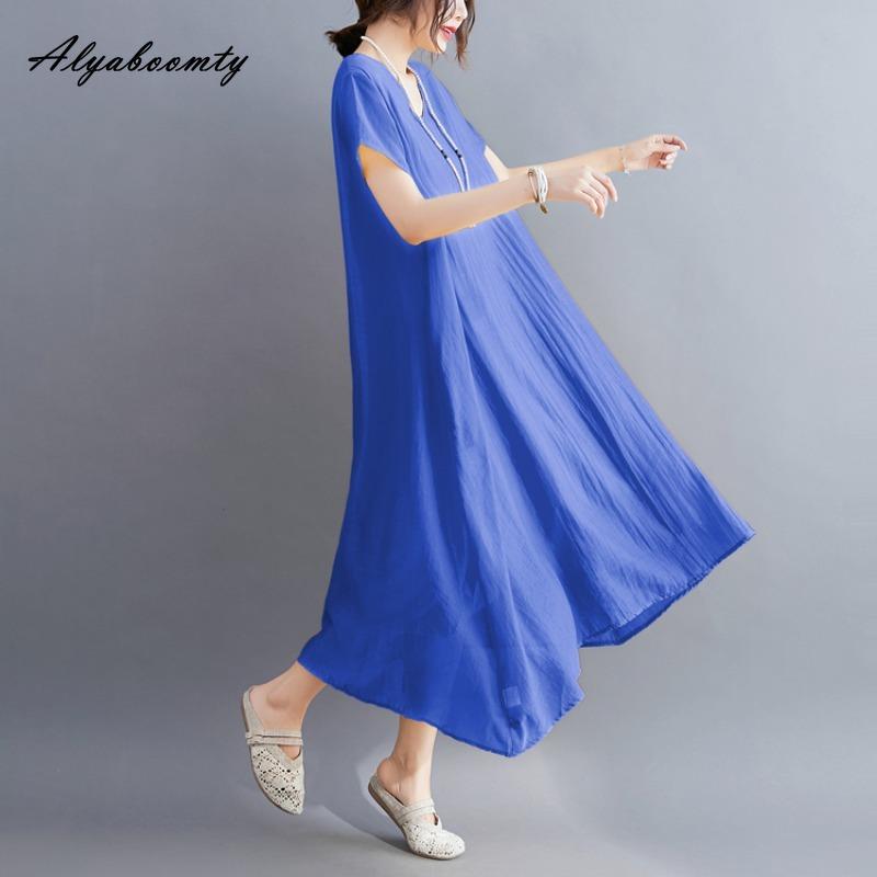Korean Style Plus Size Summer Women Midi Dress V Neck Black White Pink Blue Yellow Orange Loose Dress Short Sleeve Casual Basic Ladies' Dress
