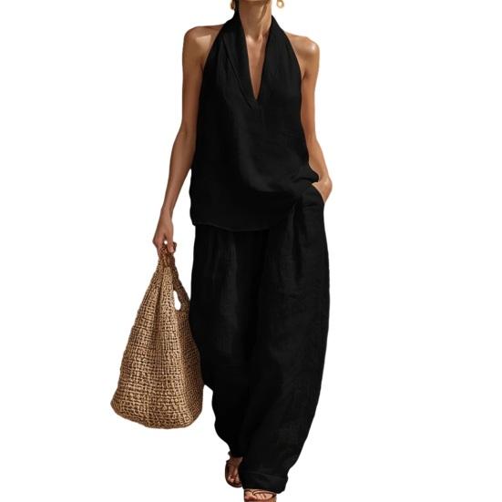 Completo in Cotone e Lino da Donna a 2 Pezzi con Top Canotta Senza Maniche con Scollo all'Americana e Pantaloni a Gamba Larga Set da Relax Abbigliamento Casual per le Vacanze