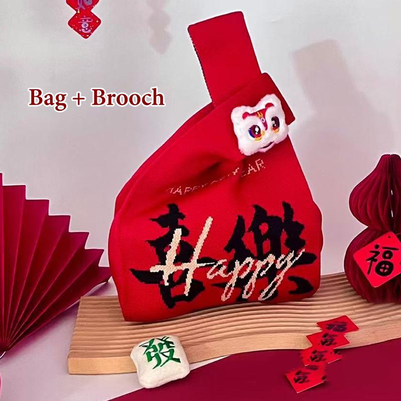 2026 Neujahr Cartoon Maskottchen Pony Gestrickte Geschenktasche Handheld Süßigkeitentasche Große Kapazität Knoten Handgelenktasche Niedliche Wiederverwendbare Einkaufstaschen