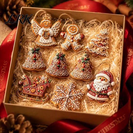 Christmas Store Window Decorations Wooden Gingerbread Style Ornaments with Natural Hemp Rope, Retro Festive Hanging Exchange Gift Items Pendants