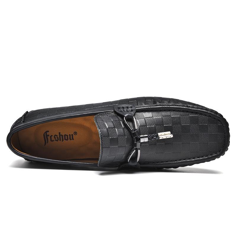 Embossed Plaid Casual Leather Shoes Trendy Driving Doudou Shoes Men's Genuine Leather Soft Sole Breathable Spring Shoes Men's Shoes