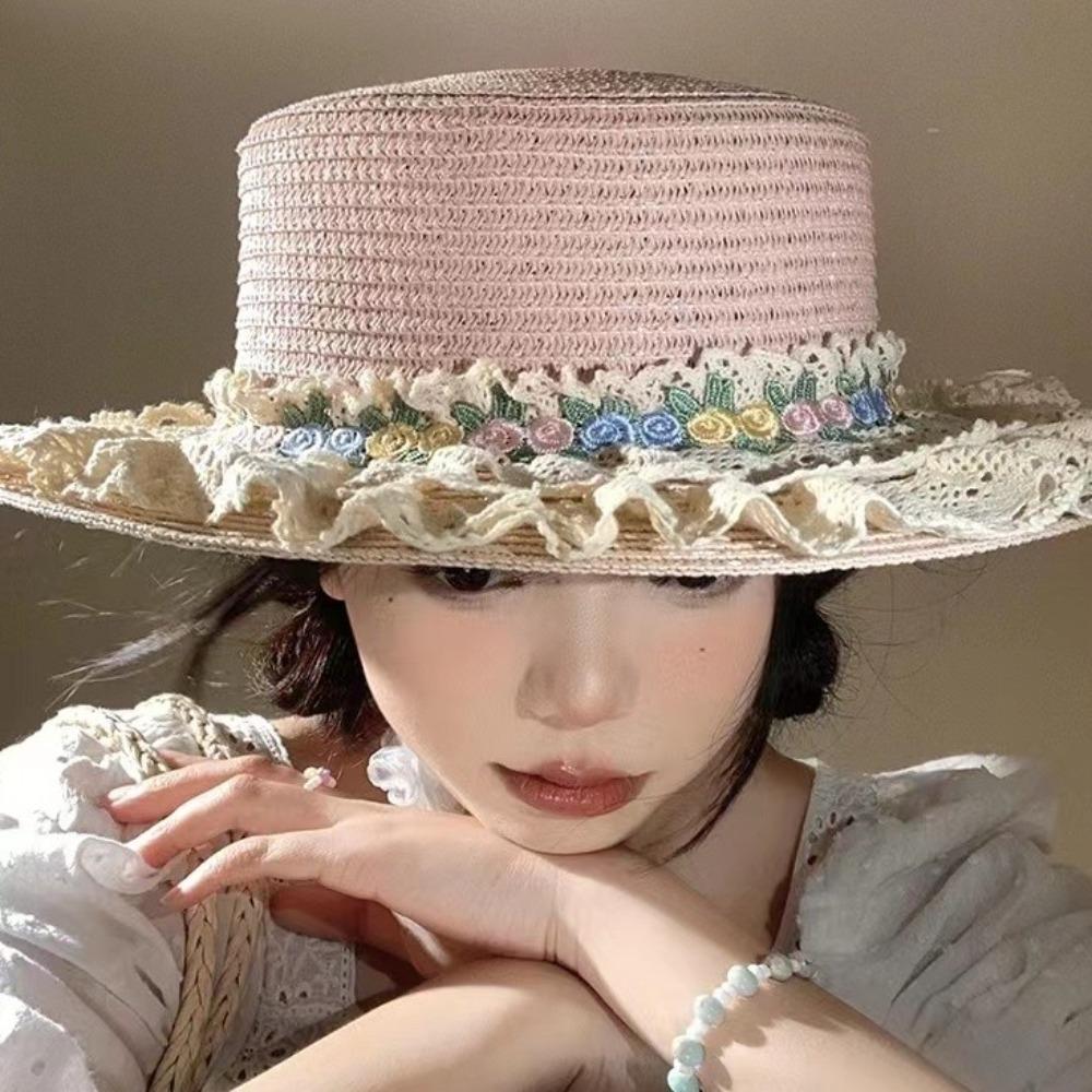 Wide Brim Lace Floral Brim Cap Flat Top Sunscreen Hat Cute Women's Sun Hat  Seaside