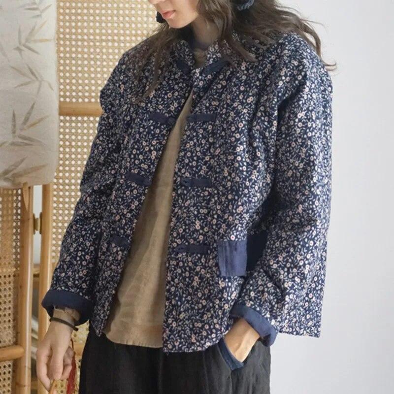 Johnature Parka da donna con bottoni in stile cinese Parka invernale a maniche lunghe con stampa floreale cappotti blu più parka in cotone