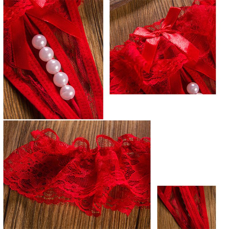 Women Sexy Panties Bowknot Beads Lace Low Waist Pearls Underpants Thongs Briefs