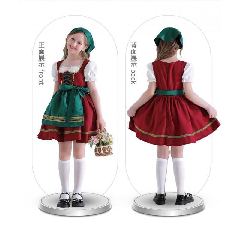 Bavarian Dirndl Dress Girls Oktoberfest Costume Farmhouse Lolita With Apron Headscarf