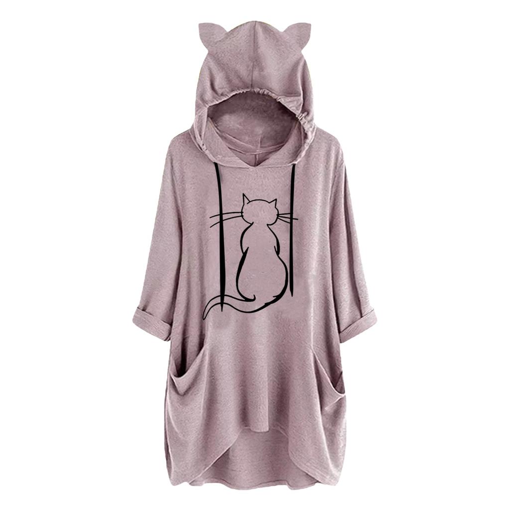 Women Christmas Casual  Print Hooded Long Sleeve Pocket Shirt Top