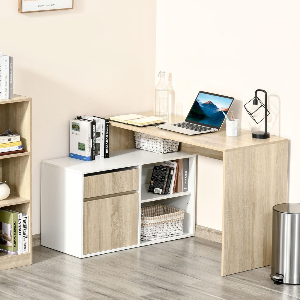 L-förmiger Schreibtisch, Eck-Computertisch mit Schublade, verstellbarem Regal, Schrank für Homeoffice und Arbeitszimmer, 120 x 92 x 75 cm, Eiche und Weiß