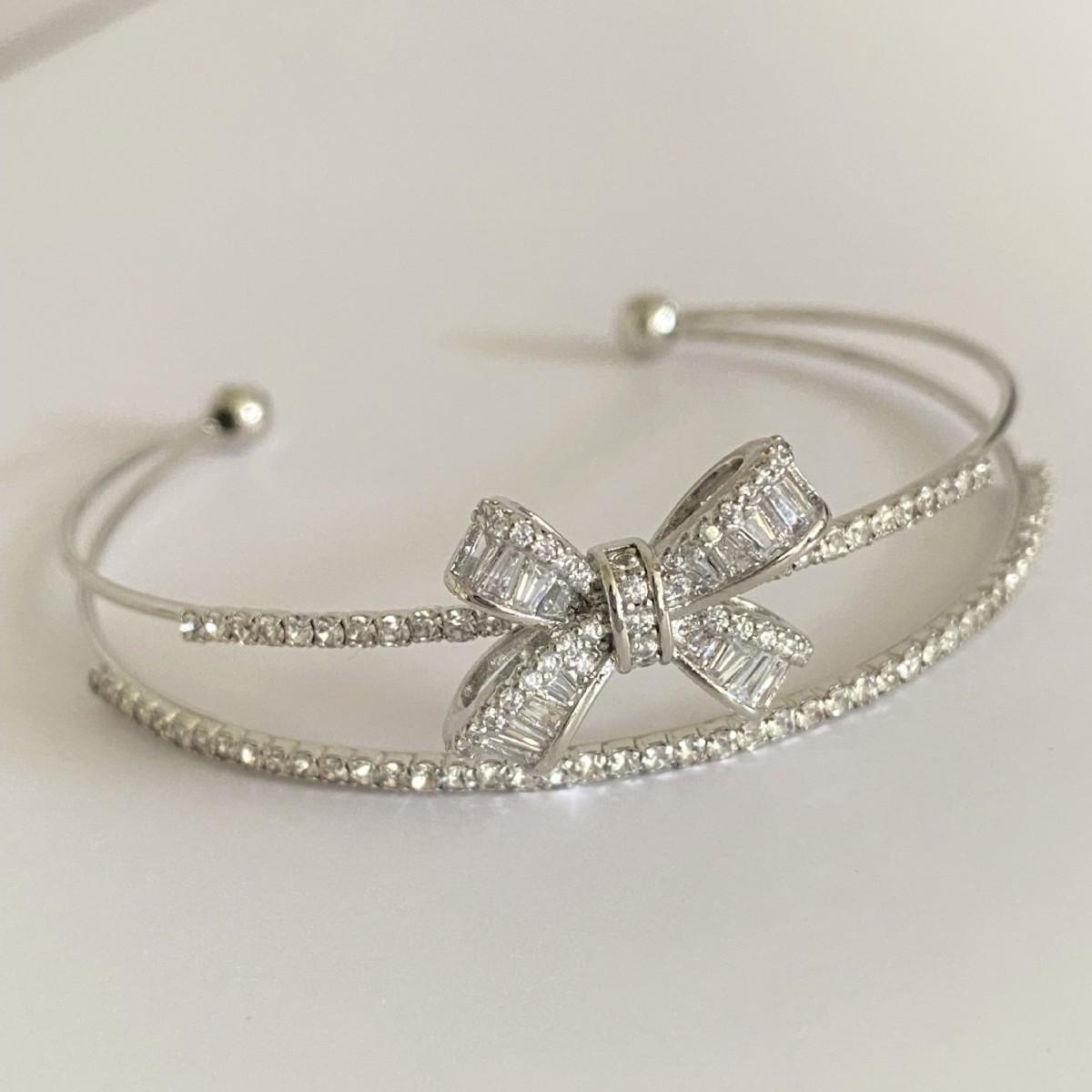 Exquisite Rhinestone Zirconia Bow Double Layer Cuff Bracelet - High-End Versatile Fashion Jewelry